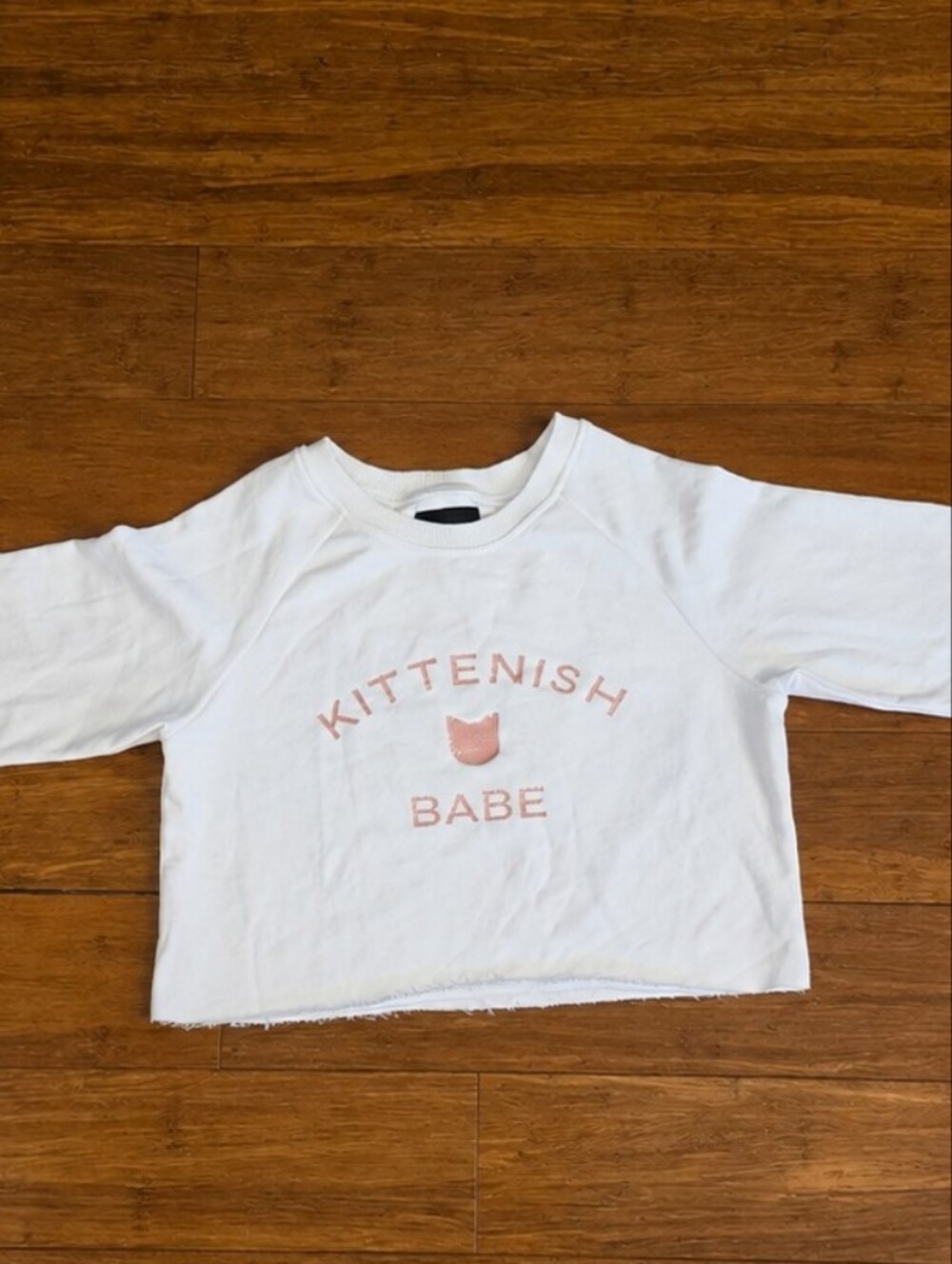 Kittenish "Babe" Cropped Sweatshirt White Pink And White Cat Logo Size Large